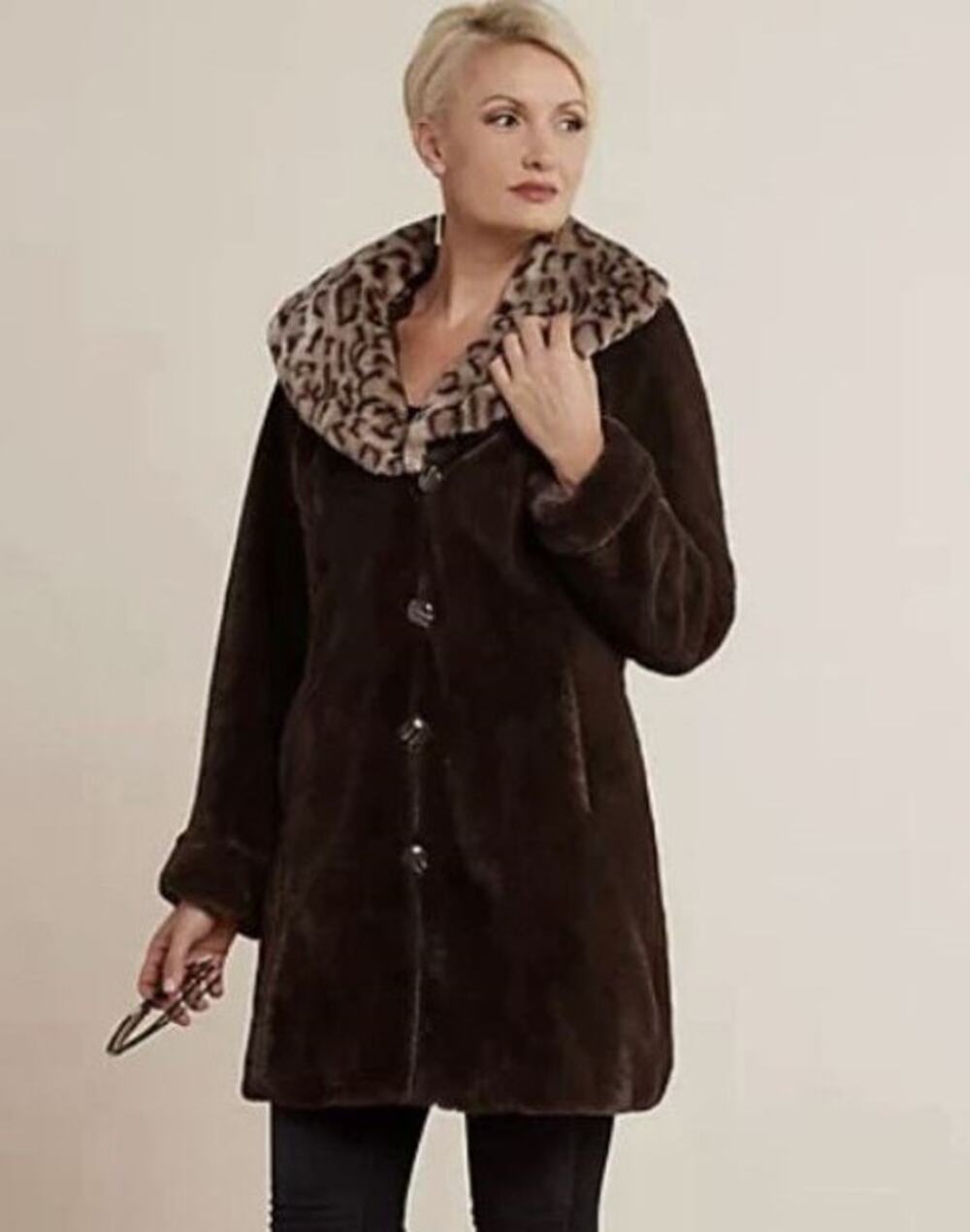 DENNIS by Dennis Brasso Faux Fur Coat w/Removable Leopard print Hood/collar-Sm